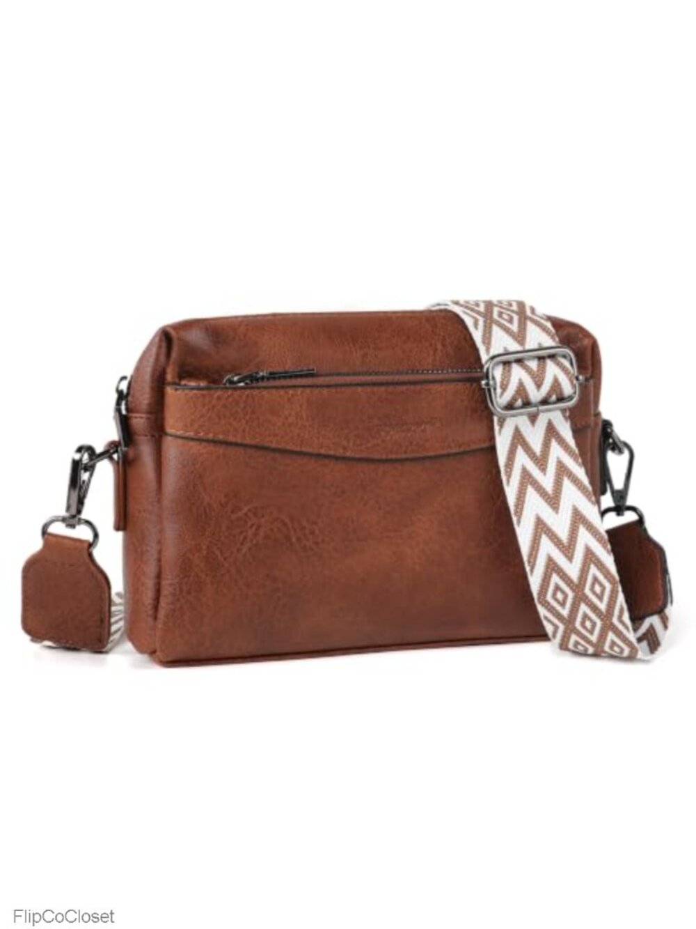 Small Triple Zip Crossbody Bag Faux Leather Adjustable Strap Women